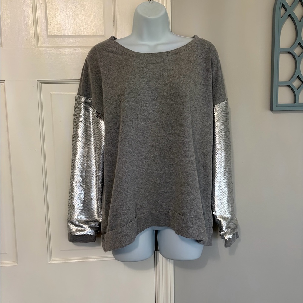 Gray Sweatshirt with Silver Sequin Sleeves - Women's Relaxed Pullover